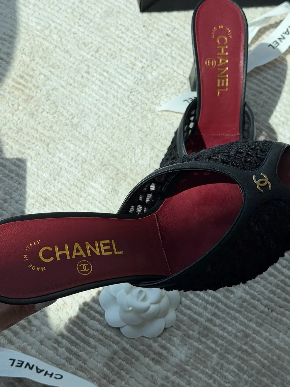 Chanel Black Open-Toe Slide Sandals with Burgundy Insole - Picture 2 of 5